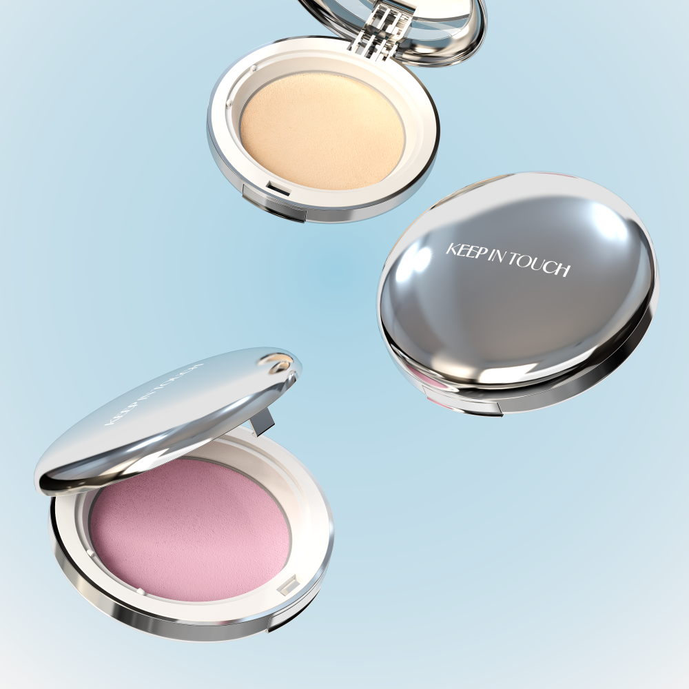 Three KEEP IN TOUCH Soft Cloud Blur Powder Pact compacts in silver cases, featuring light beige and pink powder shades on a blue background.