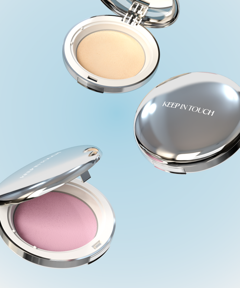 KEEP IN TOUCH Soft Cloud Blur Powder Pact in sleek silver compact with open and closed views