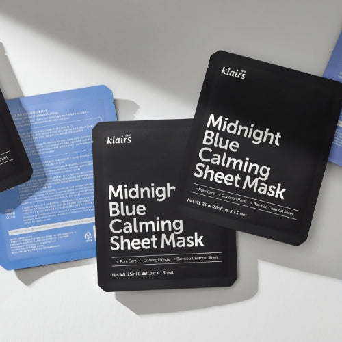 KLAIRS Midnight Blue Calming Sheet Mask packaging, featuring pore care and cooling effects.