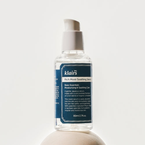 KLAIRS Rich Moist Soothing Serum 80ml bottle against a white background, featuring a detailed label description.
