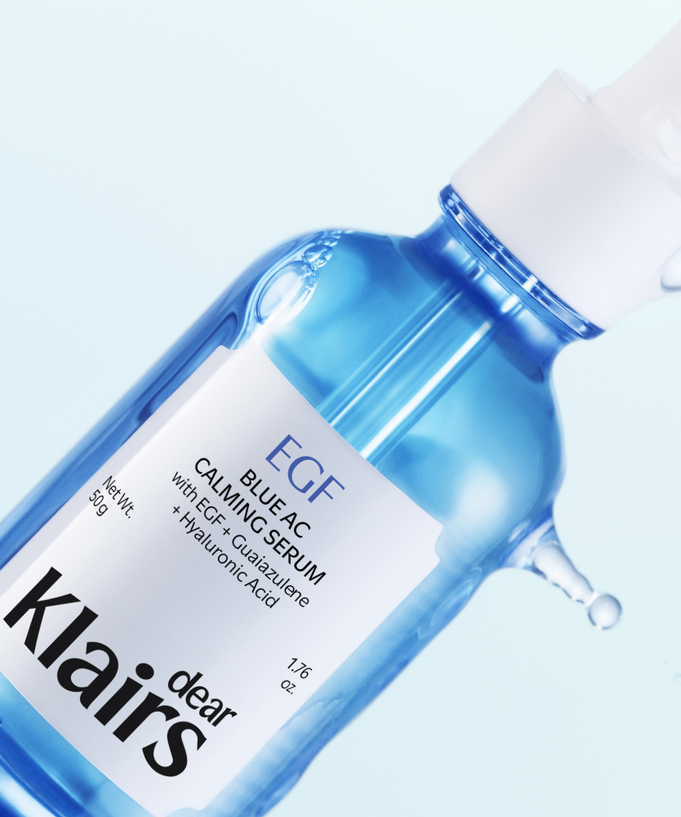 KLAIRS EGF Blue AC Soothing Serum 50g bottle with dropper displayed against a light background.