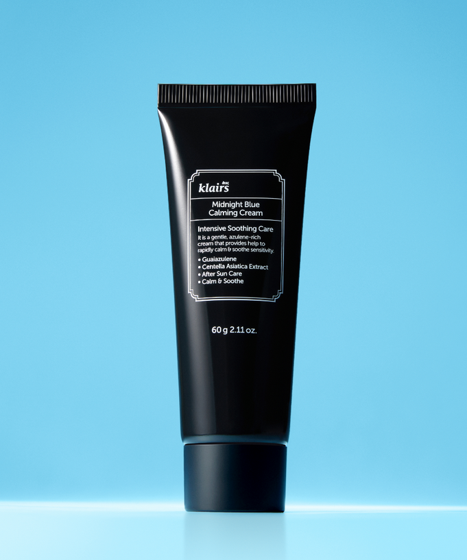 KLAIRS EGF Midnight Blue Calming Cream 60g tube on blue background