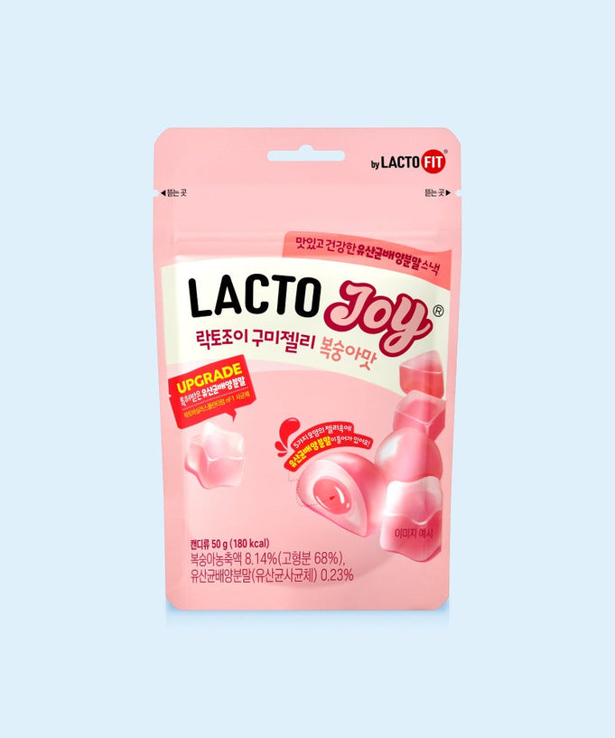 Pack of LACTO-FIT Probiotics Gummy Jelly Peach Flavor 5 Packs 250g displayed against a light blue background