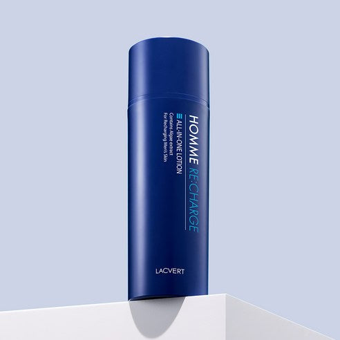 LACVERT Homme Recharge All-in-One Lotion 150ml - Gentleman Korea premium men's skincare bottle on pedestal
