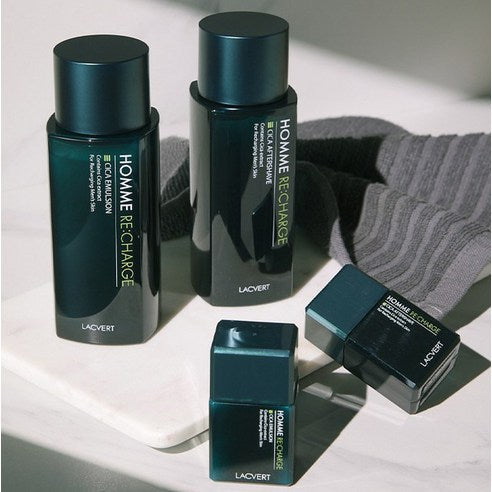 LACVERT Homme Recharge Cica Afer Shave 185ml product shot for men by Gentleman Korea - dark green bottles on marble and towel