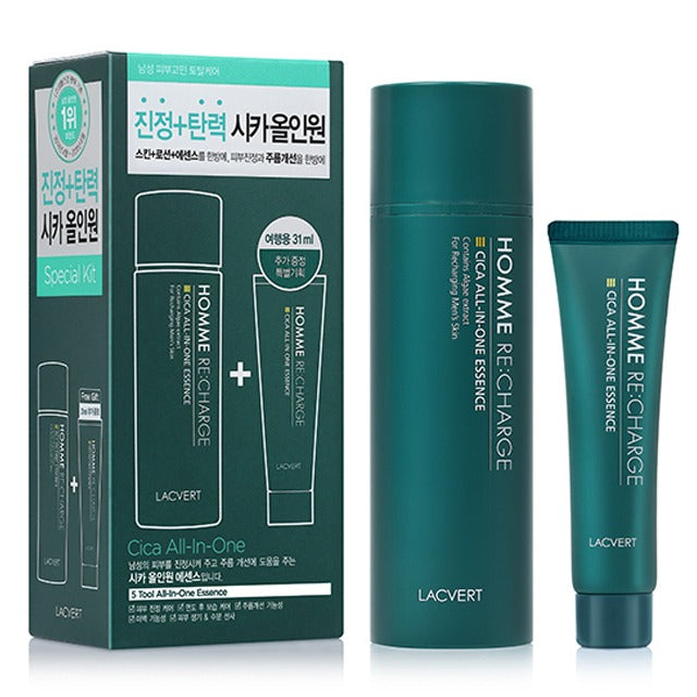 LACVERT Homme Recharge Cica All-in-One Essence 150ml product shot with packaging and tubes - Gentleman Korea Korean men's skincare