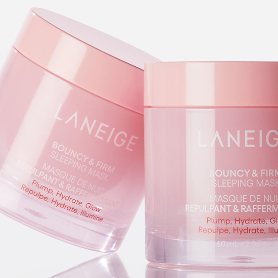 LANEIGE Bouncy & Firm Sleeping Mask 60ml shown in pink jar with product details displaying moisturizing benefits.