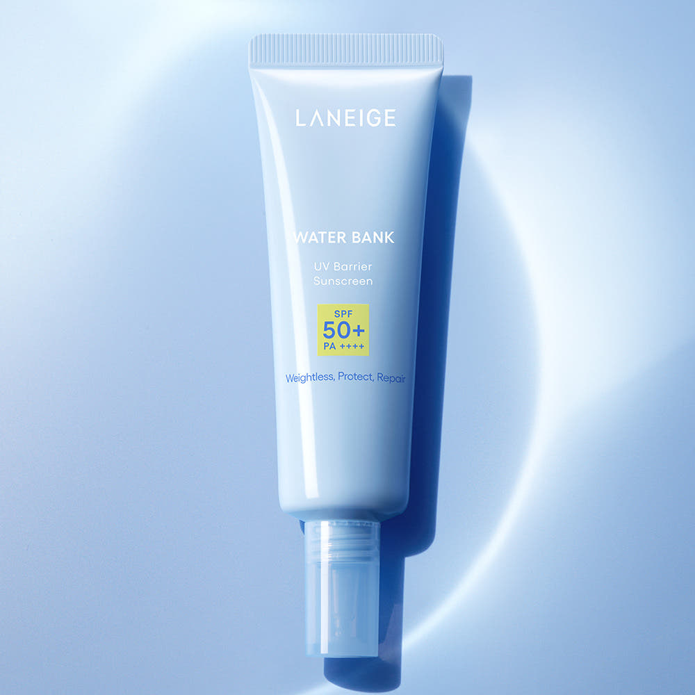 LANEIGE Water Bank UV Barrier Sunscreen SPF50+ PA++++ 50ml on a blue background, protective skincare product for sun protection.