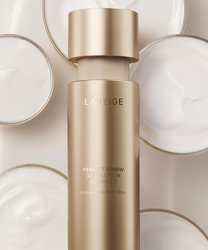 LANEIGE Perfect Renew 3X Emulsion Advanced 130ml bottle on a backdrop of cosmetic creams