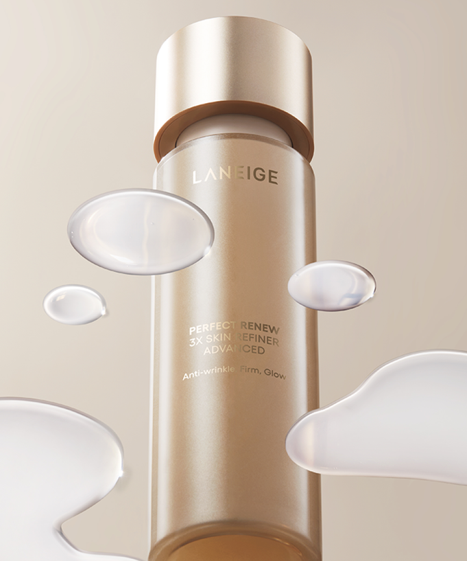 LANEIGE Perfect Renew 3X Skin Refiner Advanced 150ml bottle with liquid drops, anti-wrinkle product for firm and glowing skin.