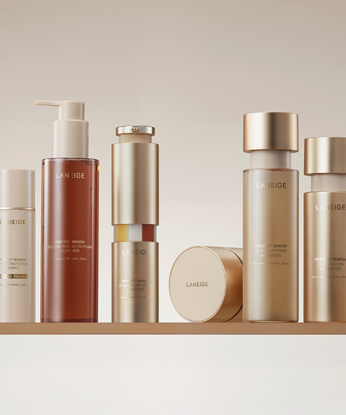 LANEIGE Perfect Renew 3X Skin Refiner Advanced 150ml in a skincare product lineup on a shelf