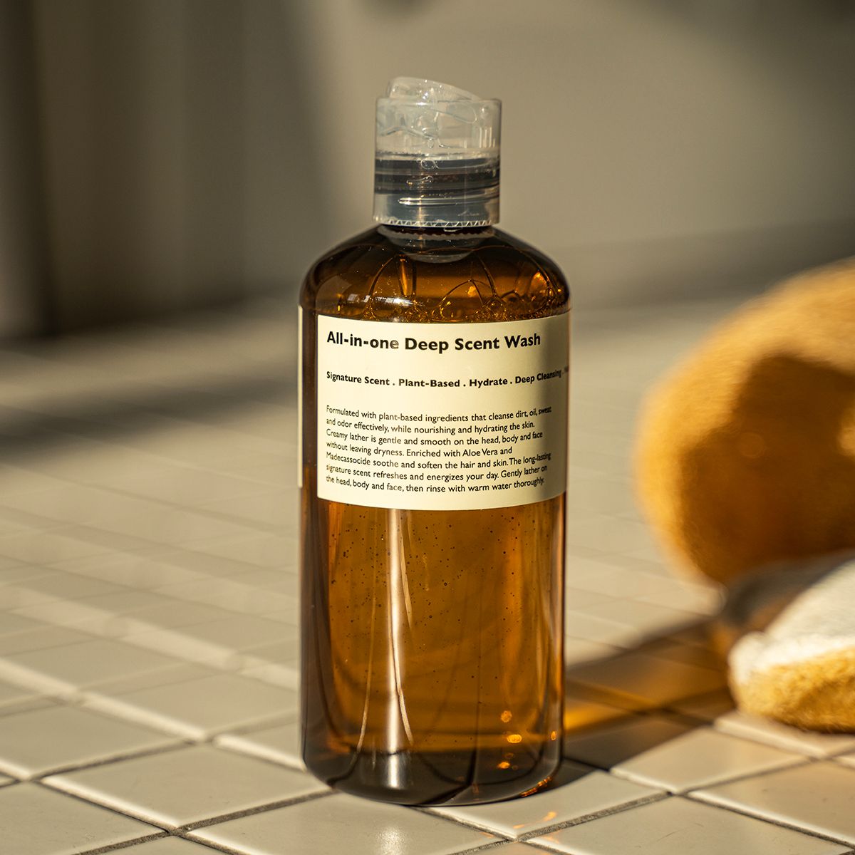 LAZY SOCIETY All-in-One Deep Scent Wash 300ml bottle on tiled surface for Gentleman Korea, Korean men's skincare gentle cleansing