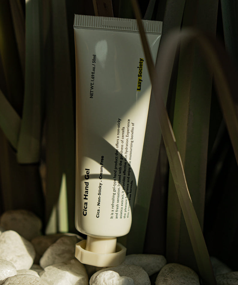 LAZY SOCIETY Cica Hand Gel 50ml tube on stones and plants, Gentleman Korea Korean skincare for men, soothing cica hand gel