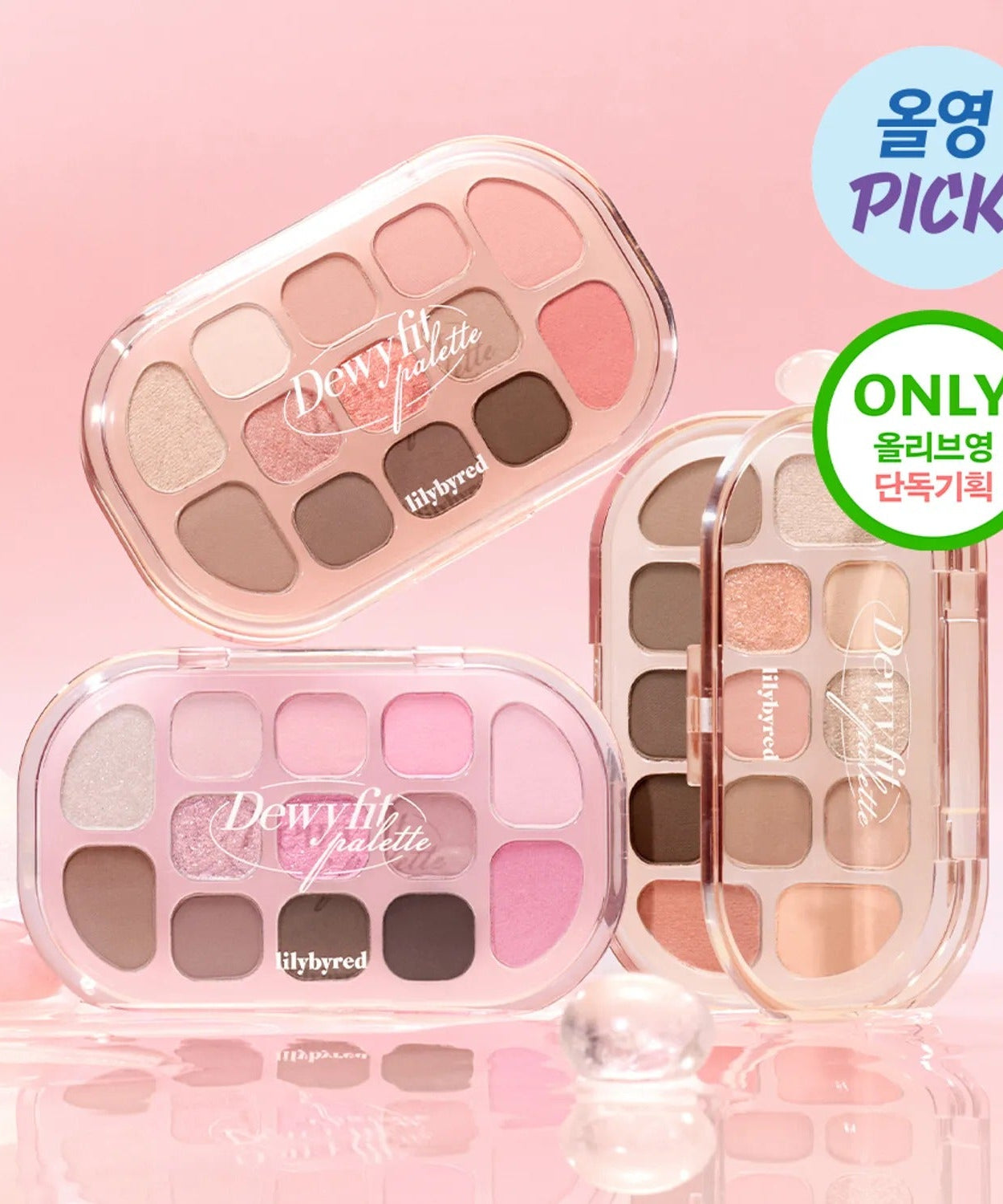 LILYBYRED Dewy Fit Palette featuring a selection of vibrant eyeshadow shades in a glossy case with a pink background.