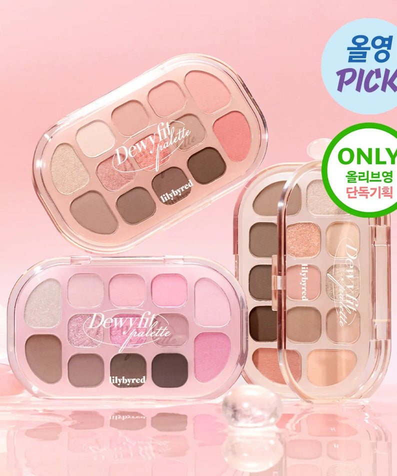 LILYBYRED Dewy Fit Palette featuring a selection of vibrant eyeshadow shades in a glossy case with a pink background.