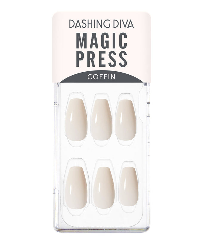 DASHING DIVA MAGIC PRESS Ivory - Coffin artificial nails in packaged display, showcasing elegant press-on nail design.