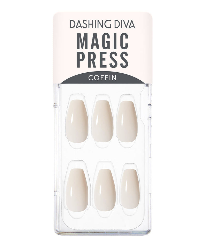 DASHING DIVA MAGIC PRESS Ivory - Coffin artificial nails in packaged display, showcasing elegant press-on nail design.