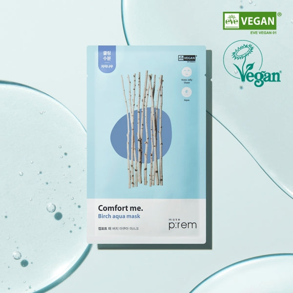 MAKE P:REM Comfort Me Birch Aqua Mask on a textured background highlighting vegan certification.