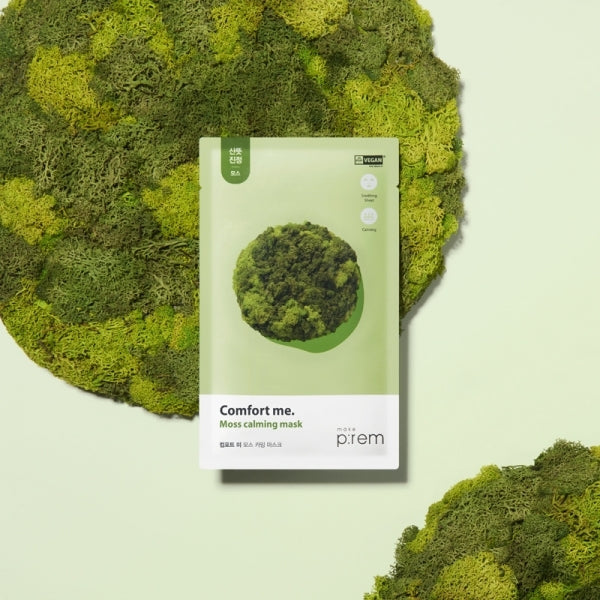 MAKE P:REM Comfort Me Moss Calming Mask packaging on a background of natural moss.