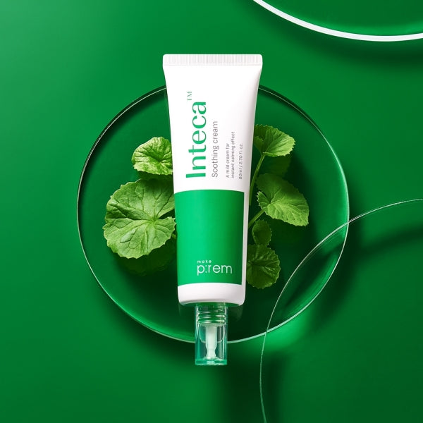 Image of MAKE P:REM Inteca Soothing Cream 80ml tube with green leaves