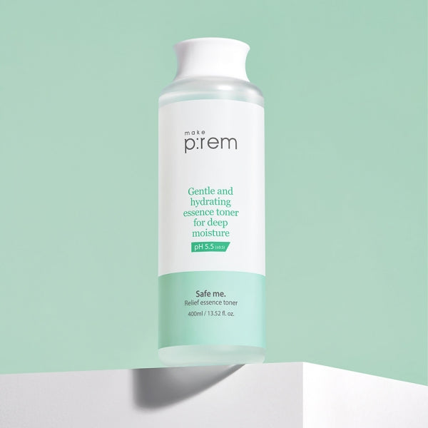 MAKE P:REM Safe Me Relief Essence Toner 400ml bottle on a minimalist background