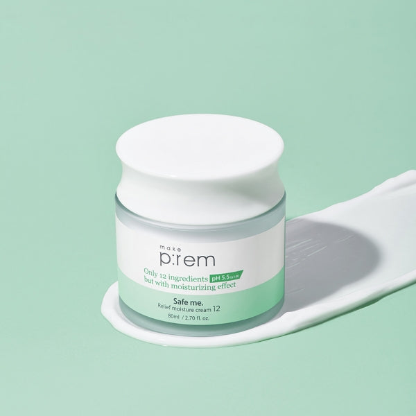 MAKE P:REM Safe Me Relief Moisture Cream 80ml in white and green packaging on light background