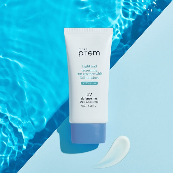 MAKE P:REM UV Defense Me Daily Sun Essence 50ml on a blue water background with sun essence smear