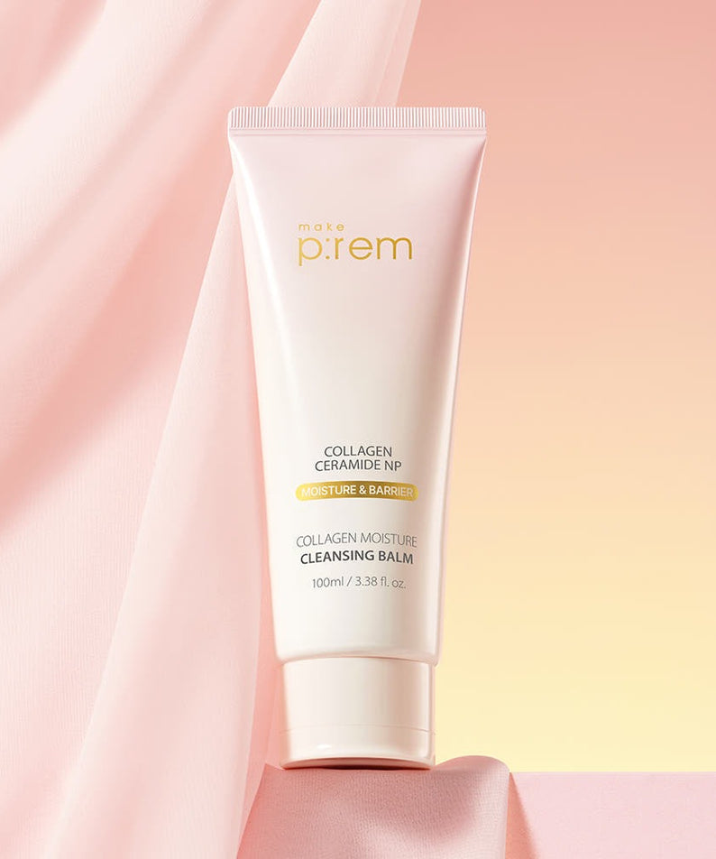 Image of MAKE P:REM Collagen Moisture Cleansing Balm 100ml on a pink background.