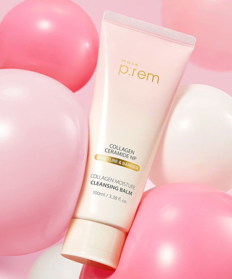 MAKE P:REM Collagen Moisture Cleansing Balm 100ml with pink and white balloons background