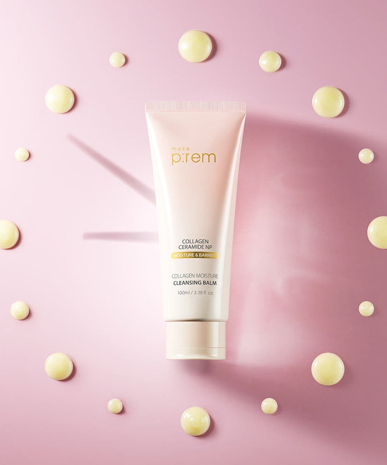 MAKE P:REM Collagen Moisture Cleansing Balm 100ml on pink background with cream drops