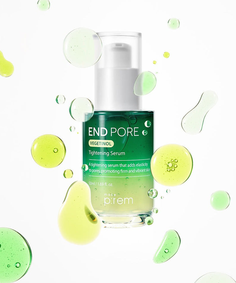 MAKE P:REM Endpore Vegetinol Tightening Serum 50ml bottle with decorative droplets