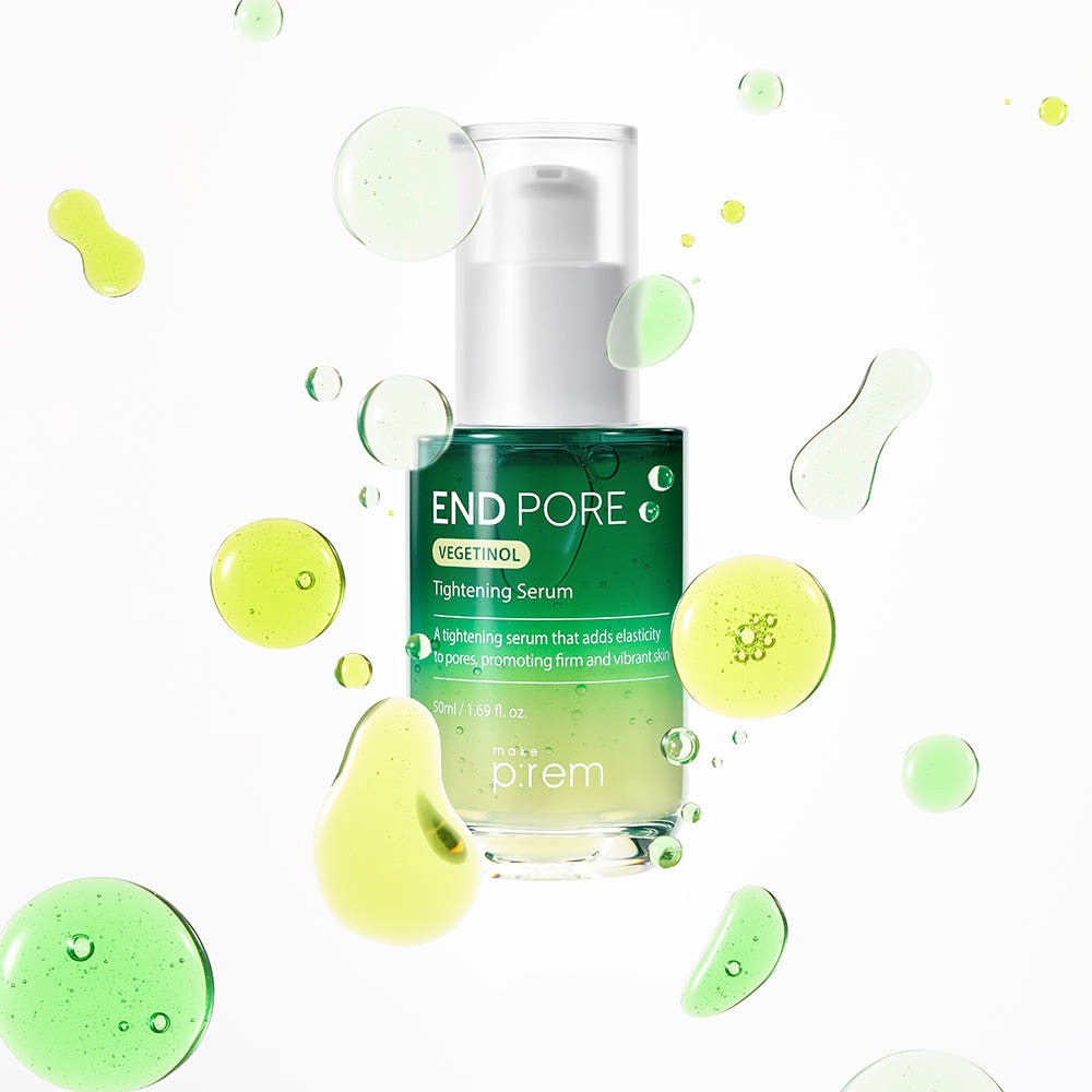 MAKE P:REM Endpore Vegetinol Tightening Serum 50ml bottle with decorative droplets