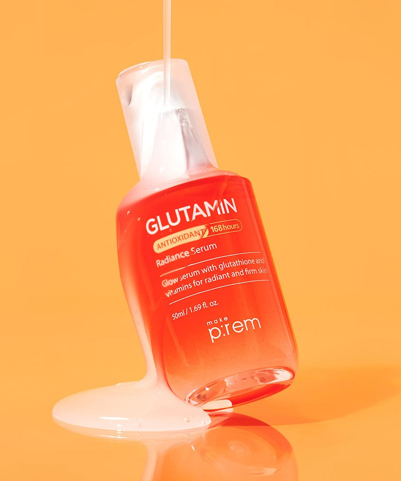 MAKE P:REM Glutamine Antioxidant Radiance Serum 50ml displayed against an orange background with liquid pouring over the bottle.
