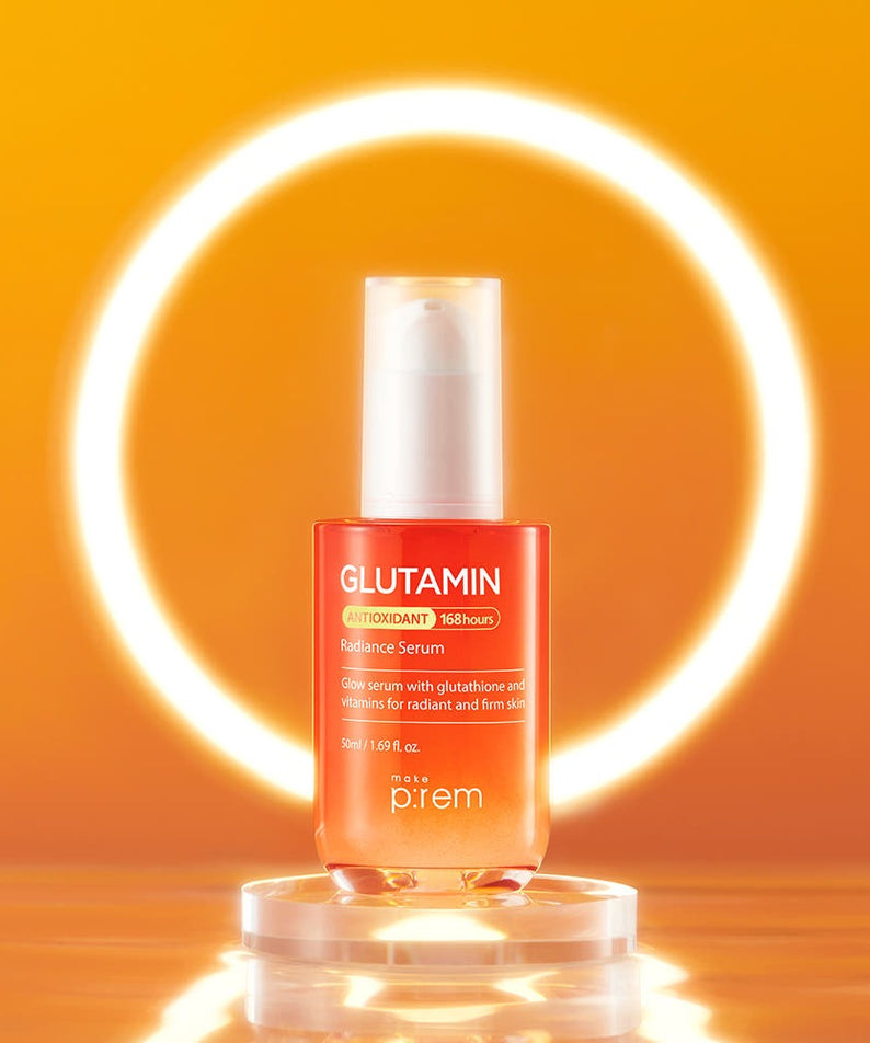 MAKE P:REM Glutamine Antioxidant Radiance Serum 50ml glowing with a bright circular light background.