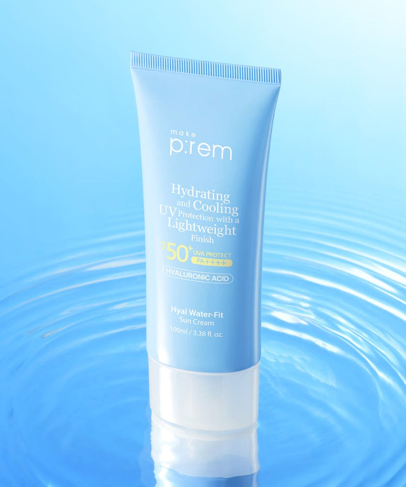 MAKE P:REM Hyal Water Fit Sunscreen 100ml bottle on reflective water surface