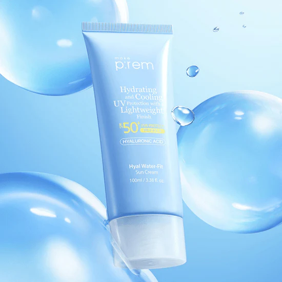 MAKE P:REM Hyal Water Fit Sunscreen 100ml tube on a blue background with water bubbles, SPF 50+ protection and hydrating features.