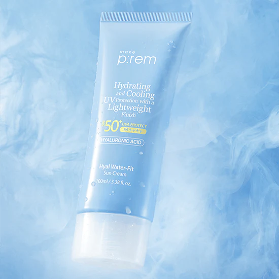 MAKE P:REM Hyal Water Fit Sunscreen 100ml tube against a blue background showcasing lightweight, hydrating formula with SPF 50.