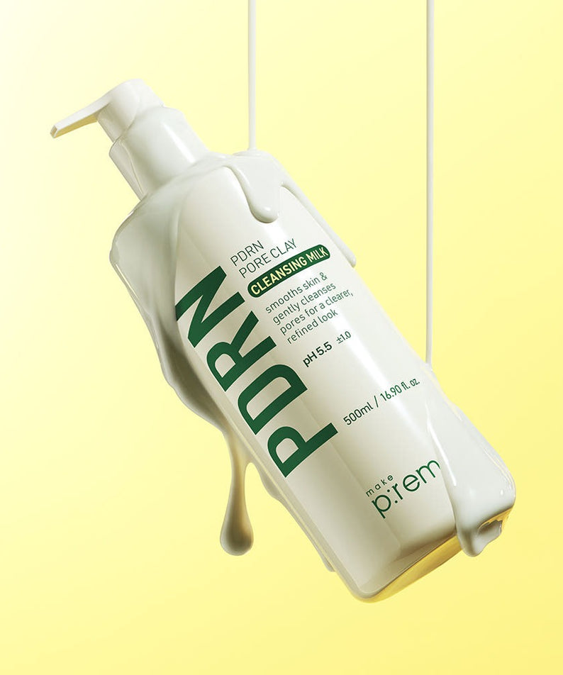 MAKE P:REM PDRN Pore Clay Cleansing Milk 500ml bottle on a light yellow background
