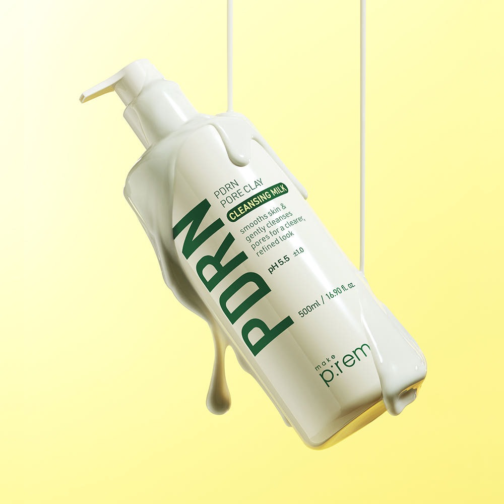 MAKE P:REM PDRN Pore Clay Cleansing Milk 500ml bottle on a light yellow background