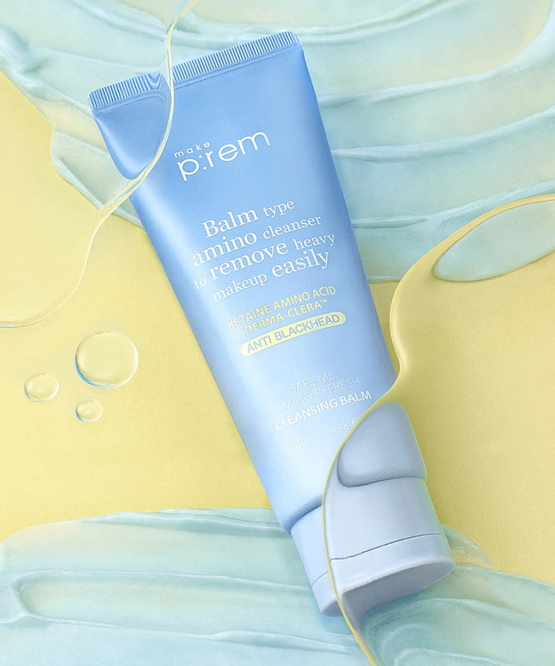 MAKE P:REM Safe Me Amino Refresh Cleansing Balm 100ml tube with background texture and droplets