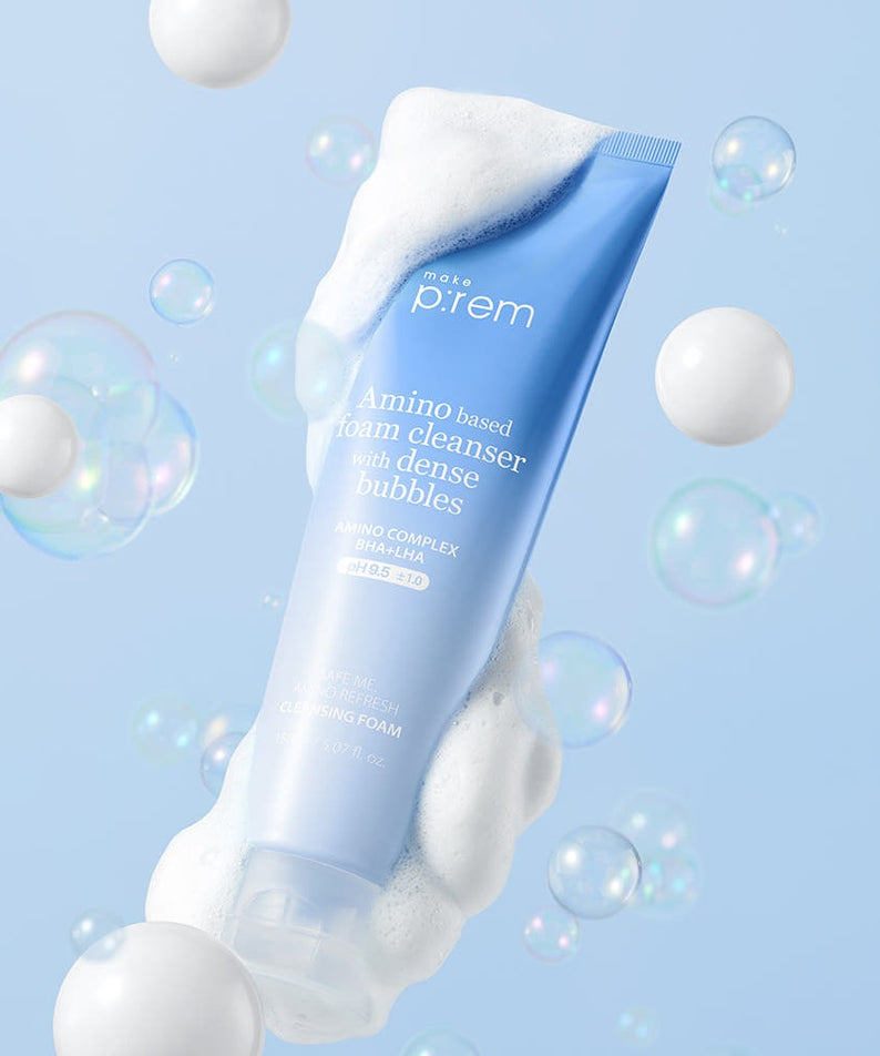 MAKE P:REM Safe Me Amino Refresh Cleansing Foam 150ml with bubbles on a blue background