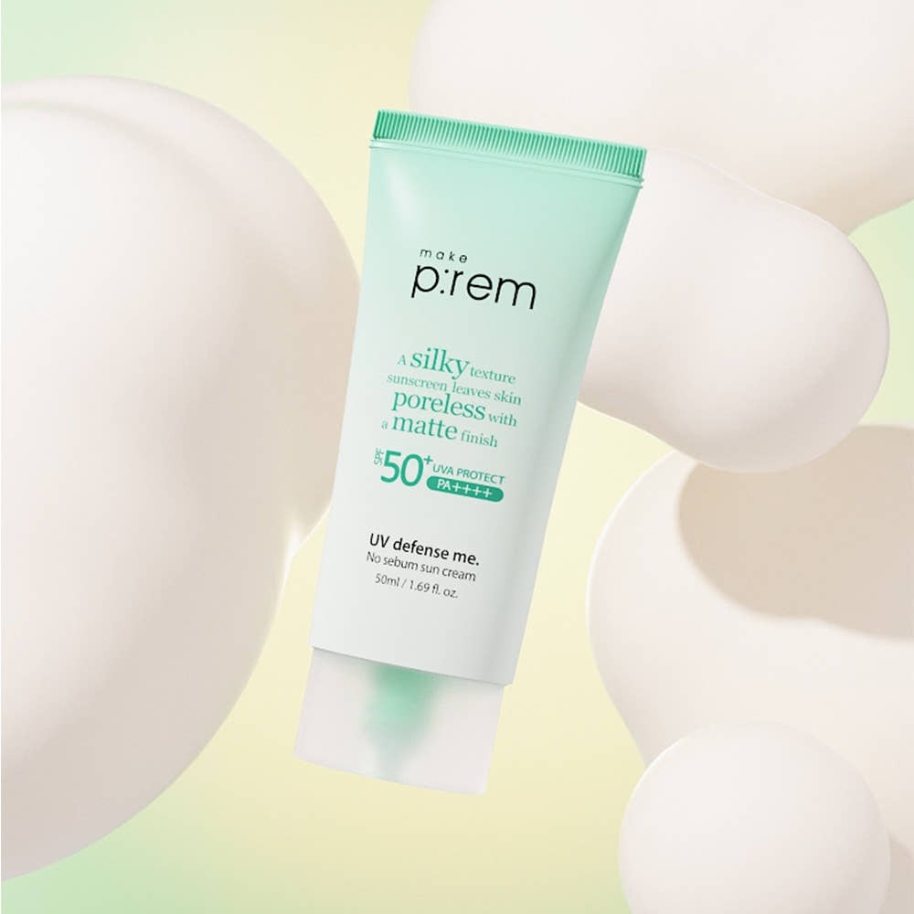 MAKE P:REM UV Defense Me No-Sebum Sunscreen 50ml tube on abstract background