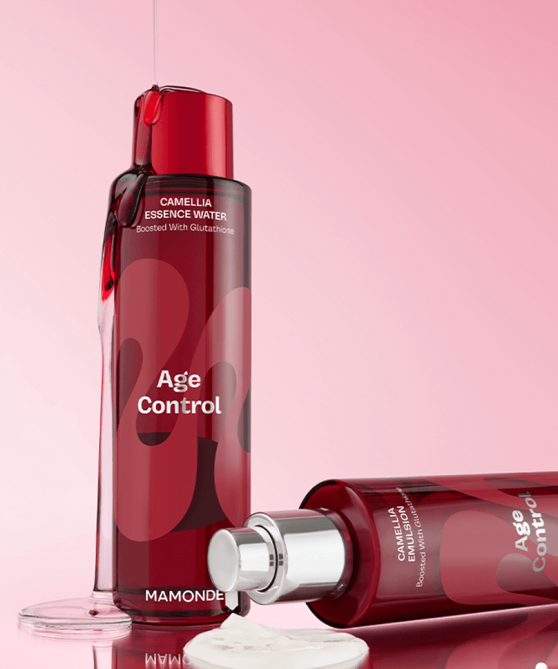 MAMONDE Age Control Camellia Emulsion 125ml showing two bottles on a pink background with cream texture