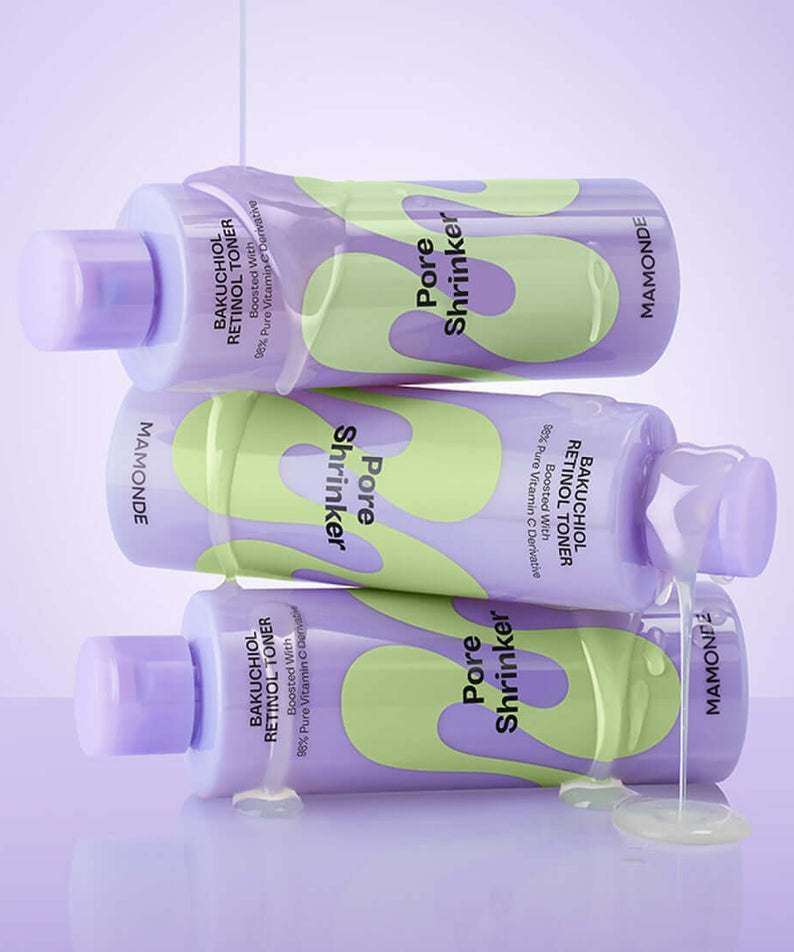 MAMONDE Pore Shrinker Bakuchiol Retinol Toner 200ml bottles showcasing skincare product for reducing pores.