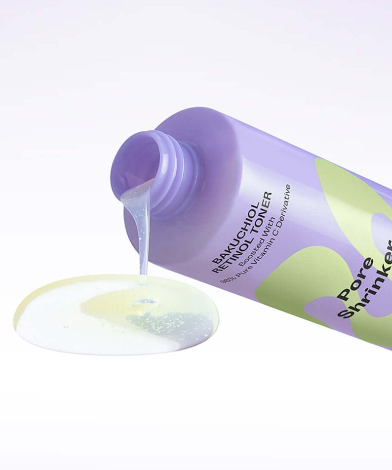 MAMONDE Pore Shrinker Bakuchiol Retinol Toner 200ml bottle pouring liquid on a surface. Skincare product.