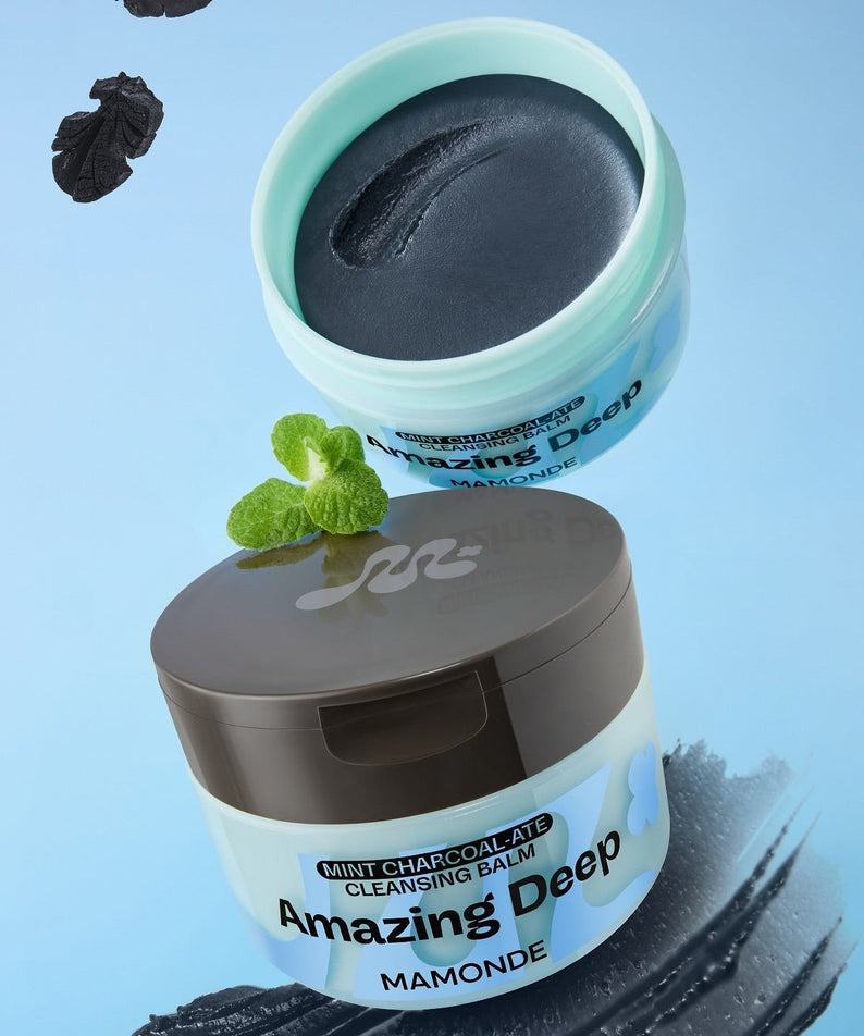 MAMONDE Amazing Deep Mint Chocolate Cleansing Balm 90ml in open and closed containers on blue background with mint leaves.