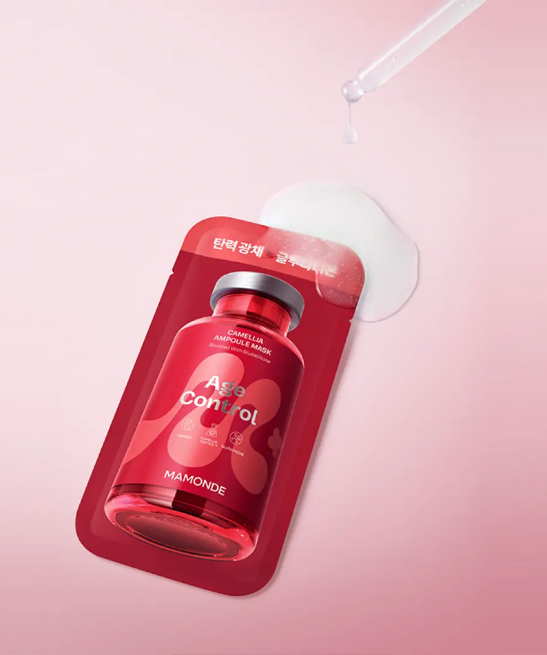MAMONDE Age Control Camellia Ampoule Mask Pack featuring red packaging with a dropper and lotion on a light pink background.