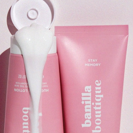 MA:NYO Banilla Boutique Hug Perfume Body Lotion 150ml in pink packaging displayed with creamy texture