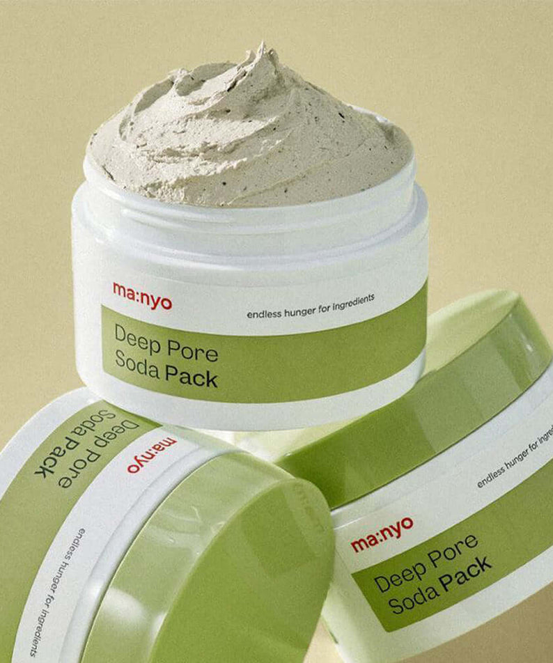 MANYO Deep Pore Soda Pack 110ml jar with textured open lid, showcasing skincare product designed to cleanse and refresh the skin.