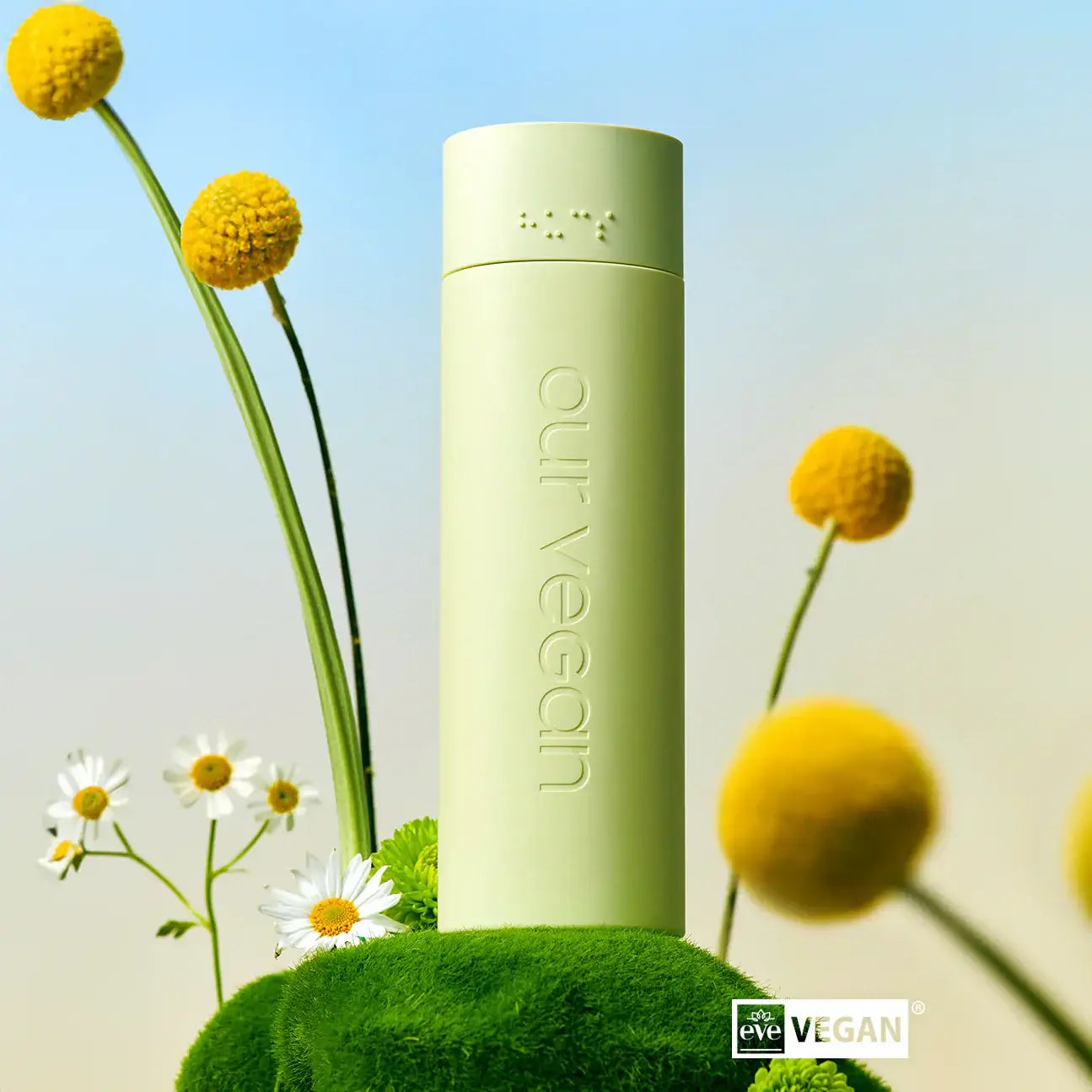 MANYO Our Vegan Heartleaf Moisture Soothing Toner 315ml bottle with chamomile and yellow flowers under blue sky